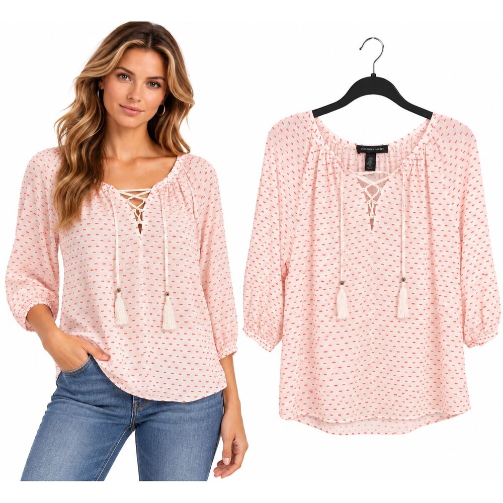 Victorias Secret Boho Peasant Blouse Top Medium Coral Tassel Lace Up 3/4 Sleeve